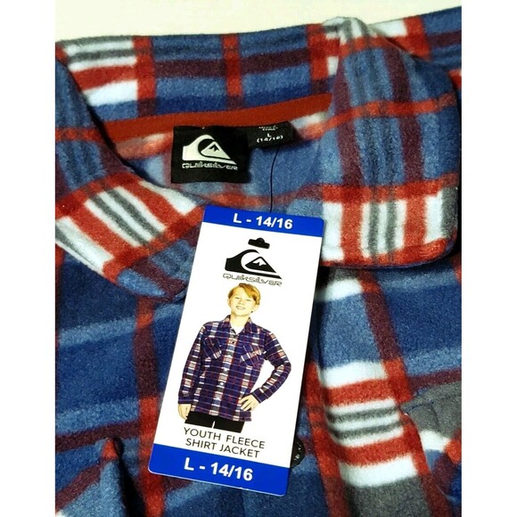 QUIKSILVER Youth Boy's L (14/16) Fleece Shirt Jacket Shacket Pockets Blue Plaid - Picture 12 of 12